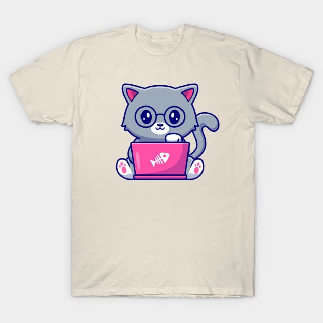 Cute Cat Working On Laptop T-Shirt by Catalyst Labs